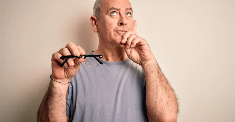 man holding his glasses and thinking about EVO ICL